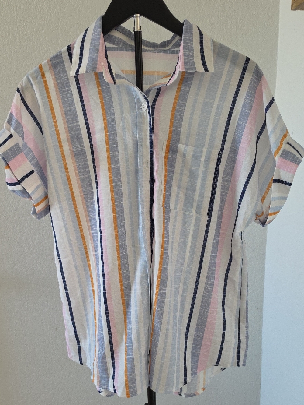 Lightweight Multicolor Striped Short-Sleeve Shirt - White with Pastel Stripes